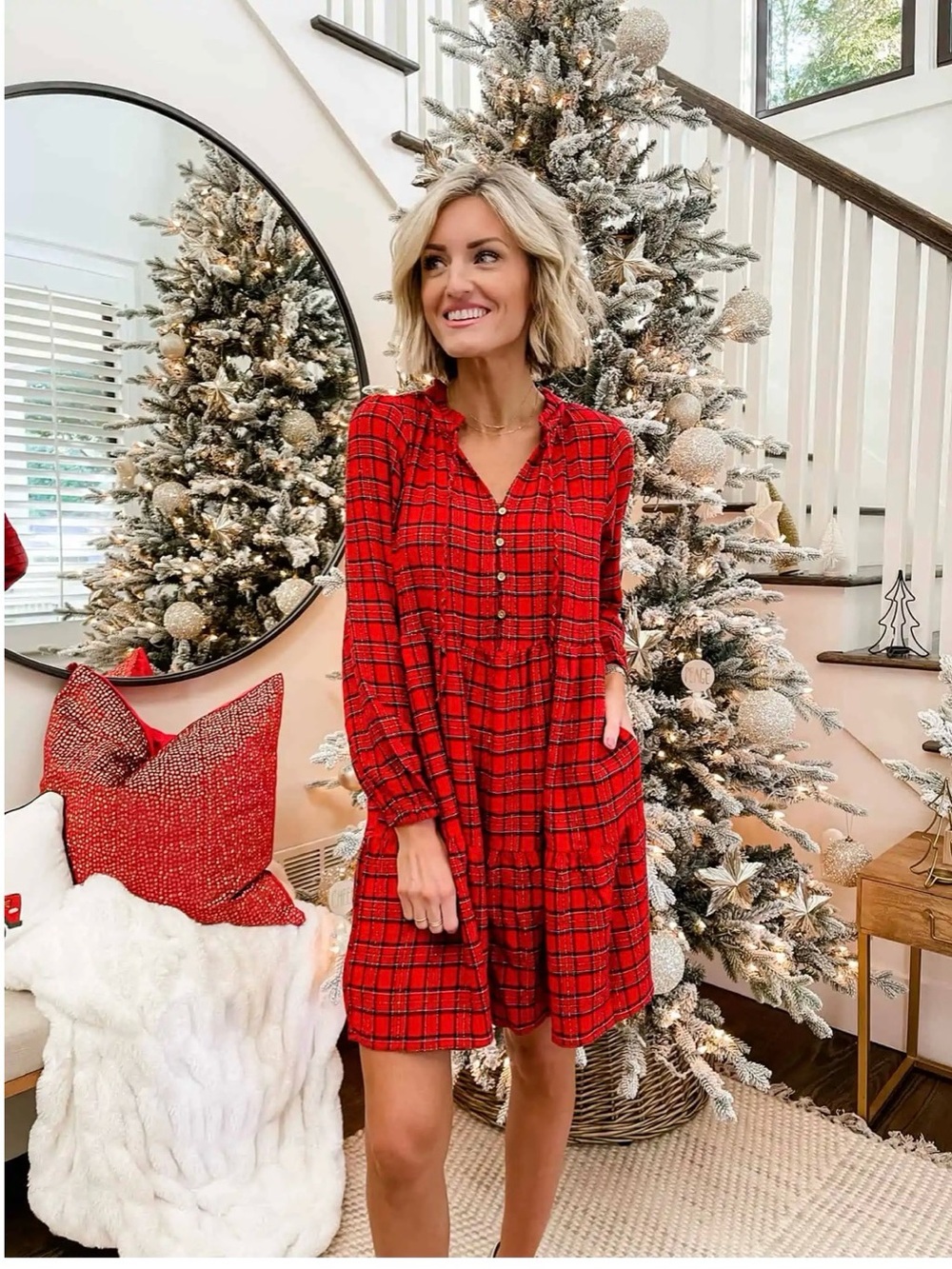 LOFT Red Plaid Tiered Button-Front Long Sleeve Dress
